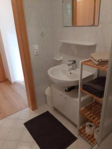 ein weißes Badezimmer mit einem Waschbecken und einem Spiegel in der Unterkunft Appartement Vierthaler in Werfenweng
