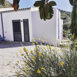 una casa blanca con puertas negras y flores amarillas en Agriturismo Casebianche, en Montallegro
