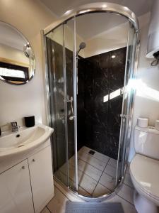 ein Bad mit einer Dusche, einem Waschbecken und einem WC in der Unterkunft Jūras Pērle in Tūja