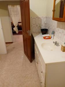 a bathroom with a sink and a mirror at Inviting 2-Bed House in Fair Prospect in Port Antonio