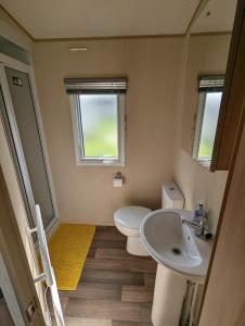 a bathroom with a sink and a toilet and a mirror at The Jones's Family Caravan with private decking - Presthaven in Prestatyn