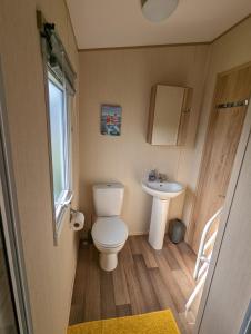 a small bathroom with a toilet and a sink at The Jones's Family Caravan with private decking - Presthaven in Prestatyn +18 photos