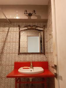 a bathroom with a red sink and a mirror at Gusthouse Shekvetili AE in Shekvetili