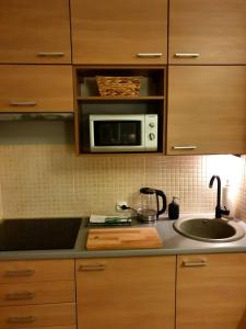 a kitchen with a sink and a microwave at Vistula studio in Warsaw