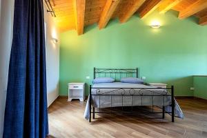 Sepino的住宿－IL MASCHERONE，一间卧室设有一张床和绿色的墙壁