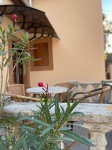 - une terrasse avec une table, des chaises et des fleurs dans l'établissement Kovács Apartmanház, à Kiskunhalas