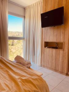 1 dormitorio con TV de pantalla plana y ventana en Frontera Sur Apart en Miramar