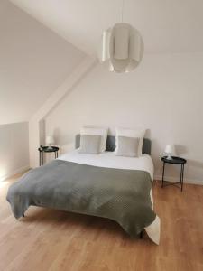 una camera bianca con un grande letto con cuscini di Maison cosy entre Paris Rouen et Deauville a Pont-de-lʼArche