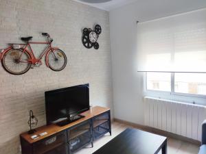 a living room with a tv and a bike on the wall at Apartamento Casa Aurelio in Gijón