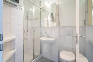uma casa de banho com um WC, um lavatório e um chuveiro em Appartementanlage Kammerweg 5-5b Kleinaberfein em Scharbeutz
