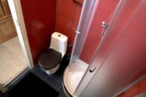 a small bathroom with a toilet and red tiles at Mini cinema & movie studio with PS5 in Riga +22 photos