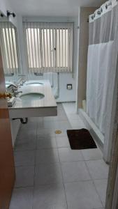 a white bathroom with a sink and a shower at Steinhaus Suites Hamburgo in Mexico City