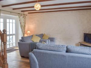 a living room with two blue couches and a tv at Guildford Bridge Cottage in Llangwm