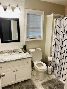 a bathroom with a toilet and a sink and a window at Stylish and Cozy Retreat in Buford