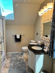 uma casa de banho com um lavatório, um WC e um espelho. em The Loft At The Nisqually Highland Ranch em Eatonville