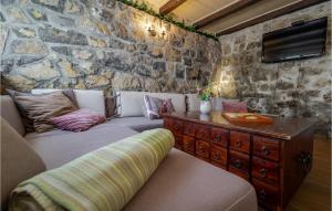 a living room with a couch and a tv on a stone wall at Gorgeous Home In Brod Na Kupi With Wifi in Brod na Kupi