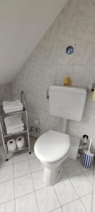 a white bathroom with a toilet and a shelf at Haus Elsasser in Sankt Johann am Tauern