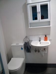 een witte badkamer met een toilet en een wastafel bij Stay in Blackwood in Blackwood