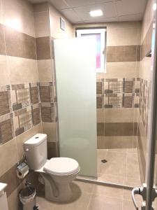 a bathroom with a toilet and a glass shower stall at Villa Galiana in Simitli