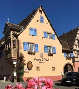 un gran edificio blanco con ventanas azules y flores en LES VIGNERONS en Niedermorschwihr