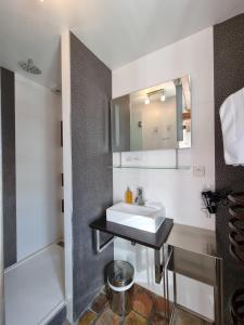 uma casa de banho com um lavatório e um espelho em Chambres Houdaille em Honfleur