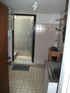 een badkamer met een douche en een glazen deur bij Helle große Souterrainwohnung mit eigenem Eingang in Unterhaching