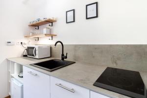 eine Küche mit einer Spüle und einer Mikrowelle in der Unterkunft Apartmán na Jednotke in Banská Bystrica