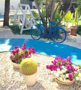 una bici blu parcheggiata accanto a dei fiori e una piscina di Villa Cetta B&B a San Leone