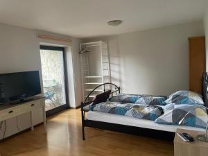 una camera da letto con un letto e una TV a schermo piatto di Ferien im Westerwald a Quirnbach