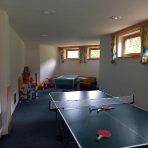 una mesa de ping pong en una habitación con una pelota de ping pong en Hotel Pension Berghof, en Schladming