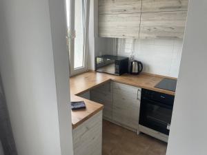 a kitchen with wooden cabinets and a black appliance at Apartament Centrum in Koszalin