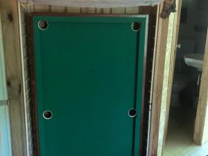 eine grüne Tür im Bad mit Waschbecken in der Unterkunft Bungalow im Wald am See - Biberspur in Zieko