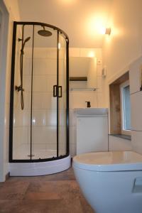 W łazience znajduje się przeszklony prysznic i wanna. w obiekcie Chateau Brulant w mieście Somme-Leuze