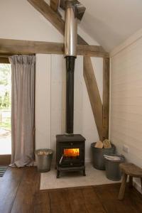 a living room with a wood stove in a room at Sky Cabin. Cosy Forest Log Cabin 3 night minimum in Wareham