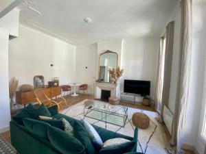 a living room with a green couch and a tv at Appartement Haussmannien rue piétonne Opéra in Marseille