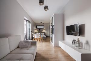 a living room with a couch and a tv on a wall at Martinus Apartments in Mechelinki