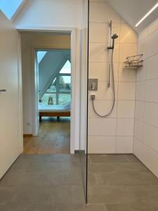 La salle de bains est pourvue d'une douche et d'une porte en verre. dans l'établissement Ruheoase mitten in der Natur, à Wilhelmsdorf