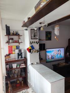 アルバ・ユリアにあるApartament foarte okのテレビ付きのカウンターが備わる部屋