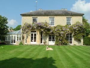 a dog laying on the grass in front of a house at The Cottage at Weston Lawn in Bath