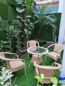 eine Terrasse mit 3 Stühlen, einem Tisch und Bäumen in der Unterkunft City View With Garden -5 Mins Walk From GOLDEN TEMPLE in Amritsar