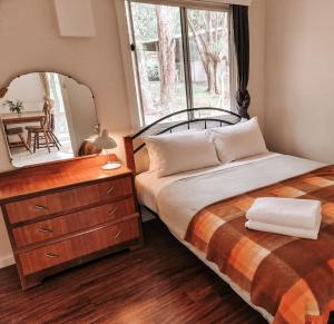 ein Schlafzimmer mit einem Bett, einer Kommode und einem Spiegel in der Unterkunft Gum Grove Chalets in Denmark