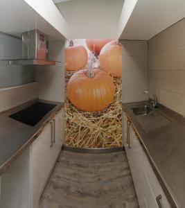 una cocina con un pasillo con calabazas en la pared en ALBERGUE SAN MARCOS en Palas de Rei 