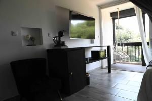 sala de estar con TV, silla y ventana en Superbe appartement avec balnéo., en Saint-Cyprien