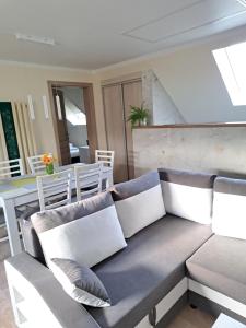 uma sala de estar com um sofá e uma mesa em APARTAMENT SZMARAGD em Zastań