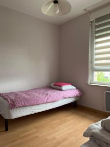 a small room with a bed with a pink blanket at Park Line garden in Strasbourg