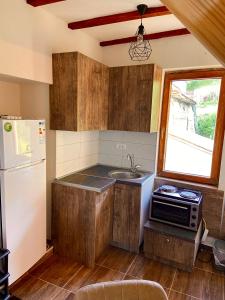 a kitchen with a white refrigerator and a sink at DEA's Apartment in Mavrovo +16 photos