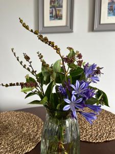 a vase filled with purple flowers on a table at Butterfly Guesthouse - Entire Home within 5km of Galway City in Galway