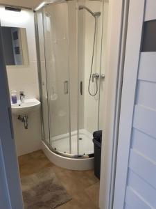 a bathroom with a shower and a sink at Apartament Centrum in Koszalin