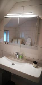 a bathroom with a sink and a mirror at SLEEP WELL Apartments, FEWO Falkenburg in Detmold