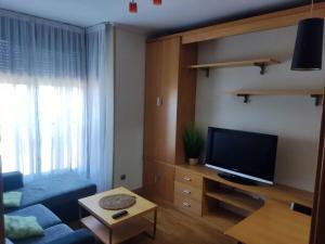 a living room with a blue couch and a flat screen tv at En Madrid, a unos minutos del aeropuerto airport Barajas, Plenilunio, estadio de fútbol Metropolitano, Feria de Madrid, Clínica Navarra in Madrid